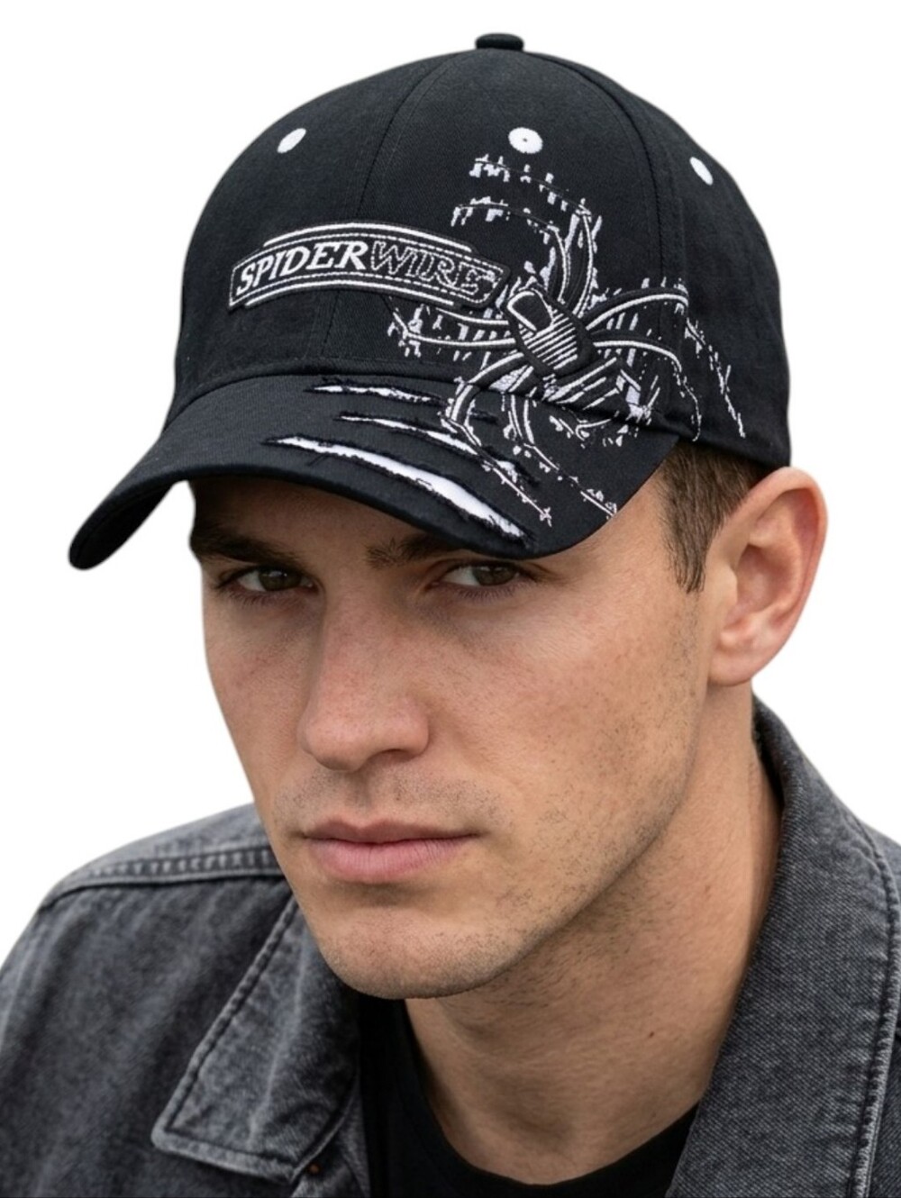 SpiderWire Distressed Baseball Hat Black Graphic Fishing Cap Nothing Gets Away